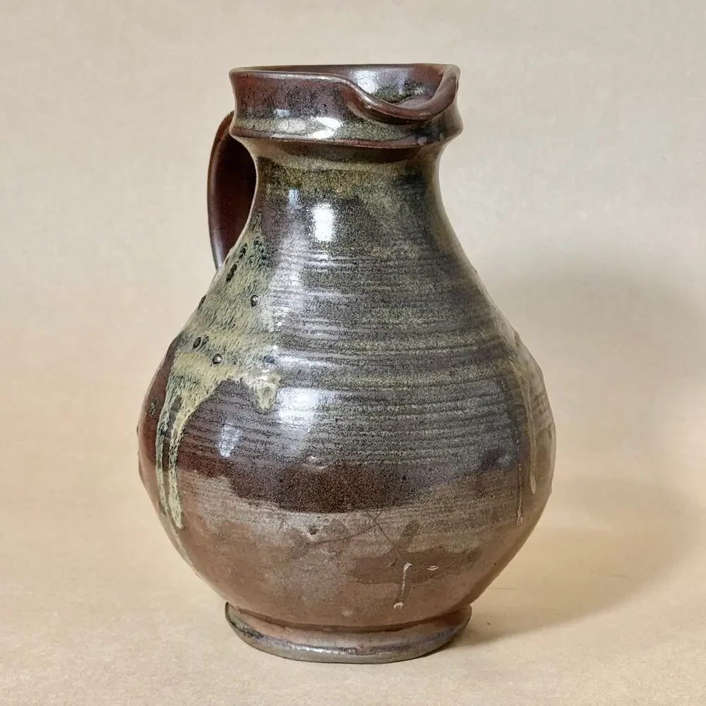 Vintage Japanese Onta Ware Handled Pottery Vase Brown Green Rustic Decor 6 in